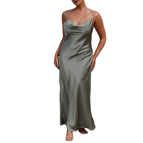 Image of FeMereina Women Summer Sexy Cowl Neck Spaghetti Strap Sleeveless Long Satin Dress Slit Club Slip Maxi Dress Wedding Guest Cocktail Midi Dresses (Green#1, XL)