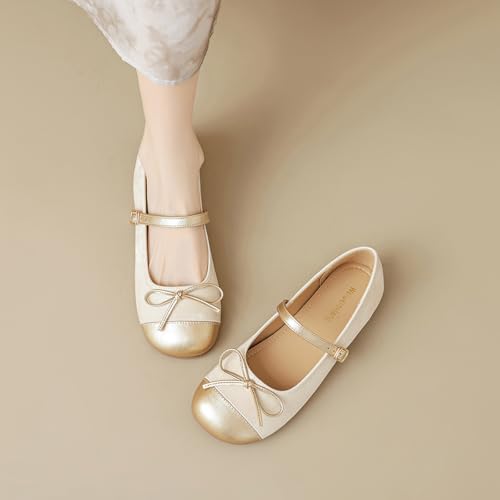 Women's Leather Splicing Bow Tie Mary Jane Flat Shoes with Buckle Strap Fashion Closed Round Toe Shallow Mouth Slip On Ballet Shoes Comfortable Luxury Business Wedding Dress Shoes4