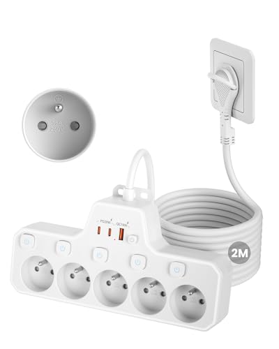 Multiprise Extra-Plate 5 Prises Française,Prise Fiche Plate Derriere Meuble avec Terre 16A 2P+T,Multiprise Electrique avec Interrupteur Individuel,PD20W Bloc...