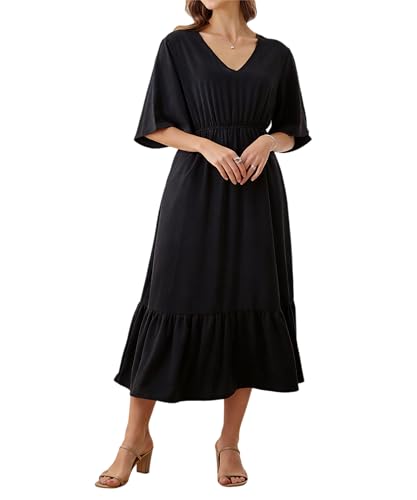 Image of Women's Summer Short Sleeve Maxi Floral Flowy Dresses with Pockets