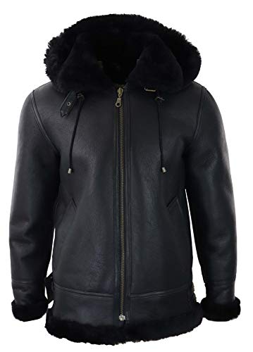 TruClothing Mens Real Leather Sherling Sheepskin Hood Jacket Vintage Aviator Flying Pilot