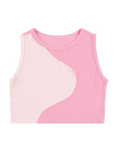 Mebius Girl's Crop Tops Ribbed Knit Cropped Tank Tops Sleeveless Round Neck Racerback Casual Cute Dance Top Color Block Light Pink 7Y