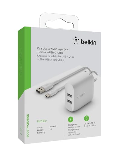 Belkin 24W Dual Port USB Wall Charger w/ USB-C Cable Included - Fast Charging iPhone 16 Charger for Power Bank, iPad & iPad Pro, Samsung Galaxy S25, Google Pixel, & More