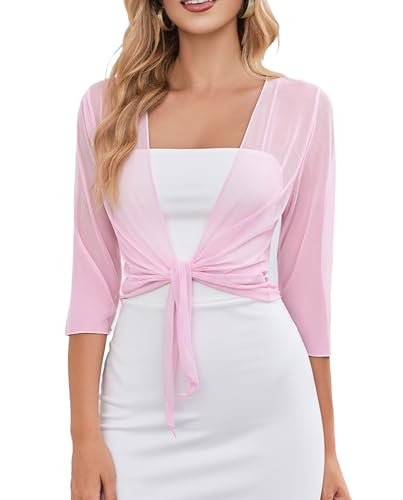 Avidlove Womens Shrug Sheer Tie Front 3-4 Sleeve Cropped Cardigan Mesh Bolero Lightweight Shrug for Dressy Pink Small