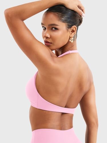 Image of YEOREO Halter Sports Bras for Women Low Impact Removable Padded Adjustable Deep V Bra Seamless Workout Gym Crop Tops