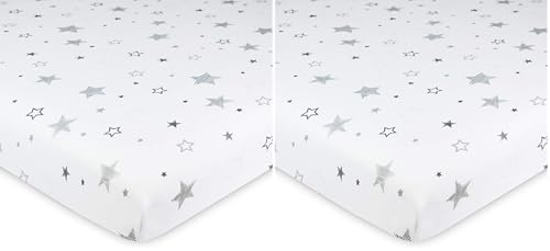 Image of American Baby Company 100% Natural Cotton Fitted Mini Crib Sheet 38 inch x 24 inch - Soft & Breathable Small Nesting Portable Crib Sheet, Fits Pack N Play Mattresses, Super Stars, for Boys & Girls (Pack of 2)
