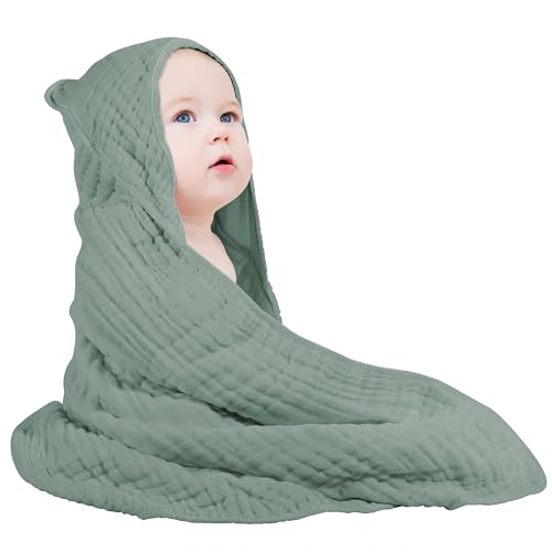 Image of Yoofoss Hooded Baby Towels for Newborn 100% Muslin Cotton Baby Bath Towel with Hood for Babies, Infant, Toddler and Kids, Large 32x32Inch, Soft and Absorbent Newborn Essential
