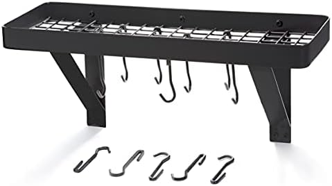 Old Dutch International Wall Mount Bookshelf Pot Rack with Grid & 8 Hooks, Matte Black, 24.5" x 9"