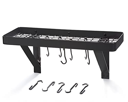 Old Dutch International Wall Mount Bookshelf Pot Rack With Grid & 8 Hooks, Matte Black, 24.5" X 9" #TOP3