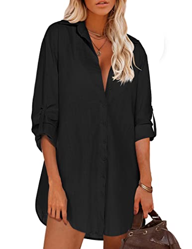 Image of HOTOUCH Women Boyfriend Shirts Button Down Long Sleeve Blouse Cuffed Sleeve Collared Shirt