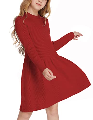 Arshiner Mädchen Pullover Kleid Herbst Winter Kleid Langarm Strickkleid Weihnachtskleid Flare Skater Kleid A-Linie Einfarbig Basic Kinder Freizeitkleid Rot 130