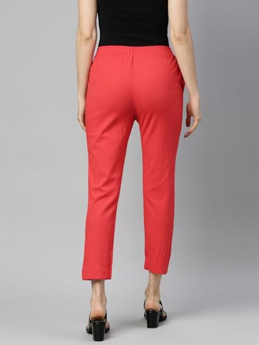Image of MINELLI Women Solid Cigar Pants, Cotton Lycra Slub Fabric, Elasticated Waistband, Pull On Style, Regular Fit Bottom Wear for Western and Ethnic Wear