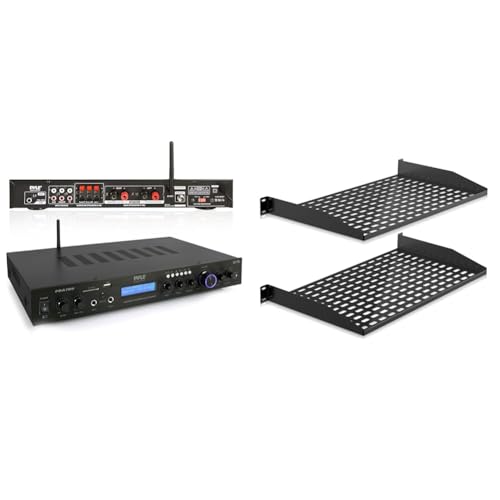 Image of Pyle 5 Channel Bluetooth Receiver Home Theater Amp with 2 Vented 1U Server Rack Shelves for Electronics and Audio Equipment