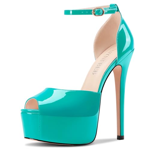 Image of TNYNFBEB Womens Stiletto High Platform Heel Peep Open Toe Sandals Ankle Strap Buckle Prom Party Dress Patent Leather 6.1 Inches Heels