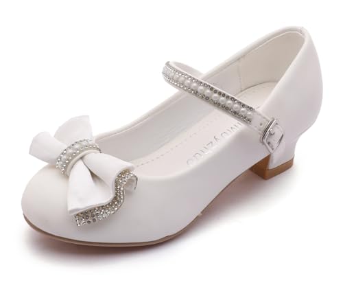 White Flower Girl Shoes Kids High Heels Mary Jane Flats Pearl Girls Dress Shoes for Wedding Church Party Little Big Kids