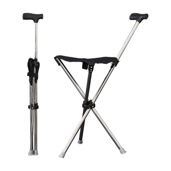 Fentefere ステッキチェア 軽量折りたたみ椅子付き杖 耐荷重150kg 伸縮5段階調節 自立式3脚設計 コンパクト収納 アウトドア/介護/贈り物