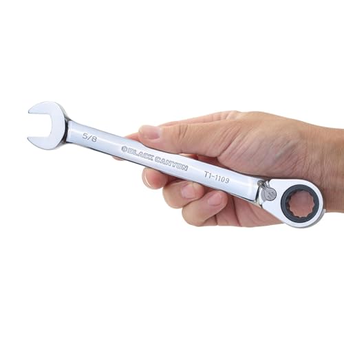 Image of BLACK CANYON 5 /8 Inch Ratchet Combination Wrench, 12-Point Box End & Hex Opening, Polished Steel Ratcheting Wrench with SAE & Metric Sizes