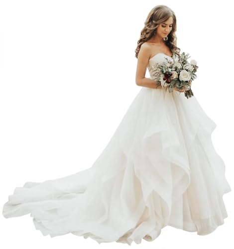 High Low Ivory Wedding Dresses with Ruffles Sweetheart A Line