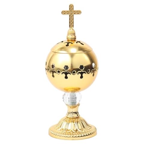 Nazareth Store Gold Incense Burner Charcoal Polished Brass Censer Christian Church Incense Holder Incense Cones Cross 7.9" Aromatherapy Fragrance Ornament Cover