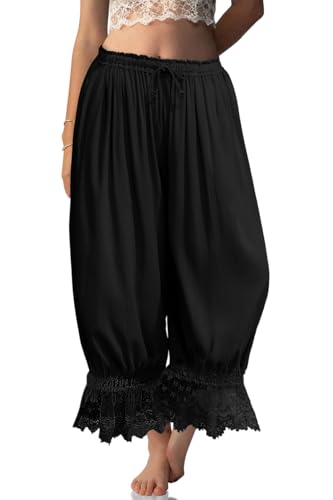 TARSE Women Linen Lace Trim Long Bloomers Pants Y2K Ruffle Victorian Vintage Pantaloons Summer Beach Travel Vacation Pants(Black L)