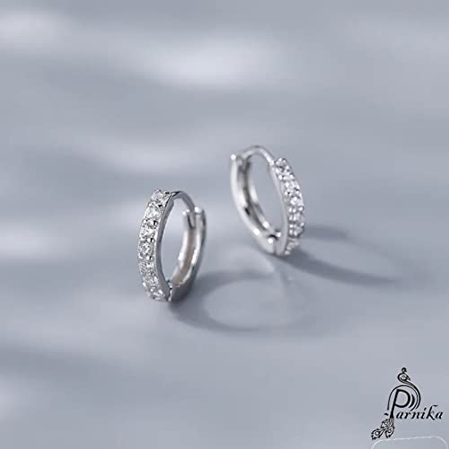 Parnika 925 Small Size (8mm) White CZ Huggie Hoops Earrings in Pure 92.5 Sterling Silver For Girls & Women | Gift For Her | Chandi ki Bali | - Image 3