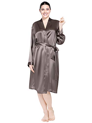 ElleSilk 100% Silk Robes for Women, Silk Long Robe, 22 Momme Mulberry Silk, Charcoal Gray, M