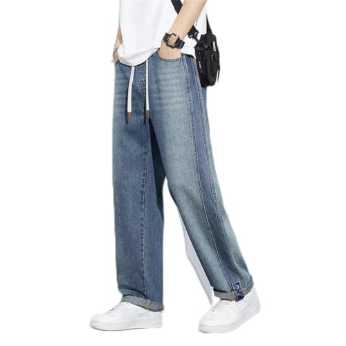 Men's Summer Comfortable Straight Wide Leg Jeans Retro Casual Elastic Waist Loose Denim Pants