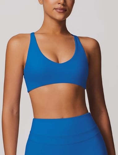 Image of ABOCIW Womens V Neck Twist Back Sports Bra Padded Low Impact Fitness Yoga Bra Workout Crop Top