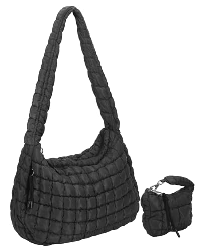 Image of Large Quilted Puffer Tote Bag for Women with Mini Pouch Puffy Crossbody Bags Purse Hobo Puff Shoulder Carryall Gym Travel