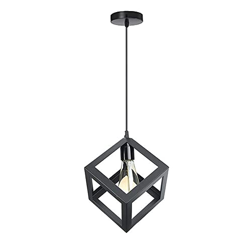 Lustre carré noir E27 en cage métal suspendu pour îlot de cuisine