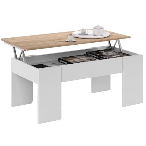 Mesa de Centro Elevable, Mesita de Salón o Comedor, Modelo LC, Acabado en Color Blanco Artik y Roble Canadian, Medidas: 100 cm (Ancho) x 50 cm (Fondo) x 45-56 cm (Alto)