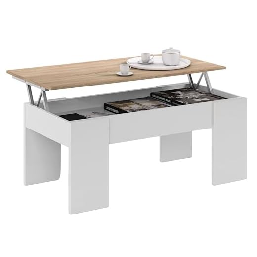 Mesa de Centro Elevable, Mesita de Salón o Comedor, Modelo LC, Acabado en Color Blanco Artik y Roble Canadian, Medidas: 100 cm (Ancho) x 50 cm (Fondo) x 45-56 cm (Alto)