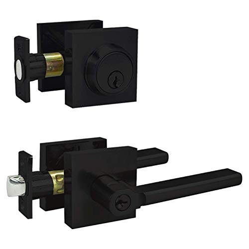 Image of Nuk3y Hulk Series Lever Door Handle Slim Square Modern Contemporary Lever Set (Entry & Deadbolt Combo [Keyed Alike], Matte Black)