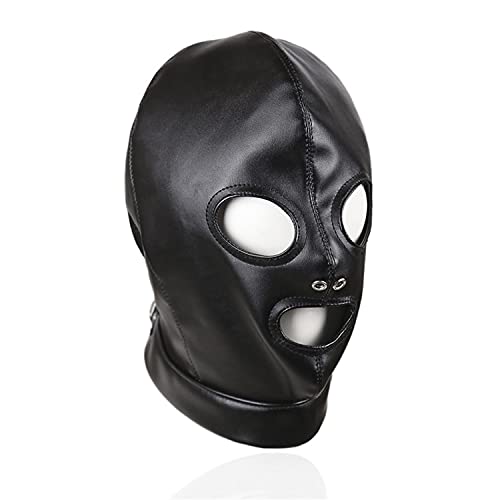 SMGZC PU Leather Latex Head Cover Mask,Nightclub Prom Three Holes Full Face Head Cover, Black, Bring Out The Air Hole, Adjustable Size, X-Large