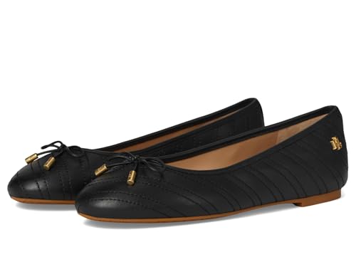 Image of Lauren Ralph Lauren Women's Jayna Stitched Leather Flat Ballet, Black/Black, 6.5 UK