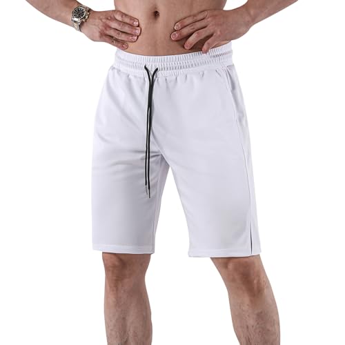 GENEMEN Mens Mesh Shorts 5 Inch Inseam Workout Running Athletic Drawstring Shorts with Pockets (White, XXL)