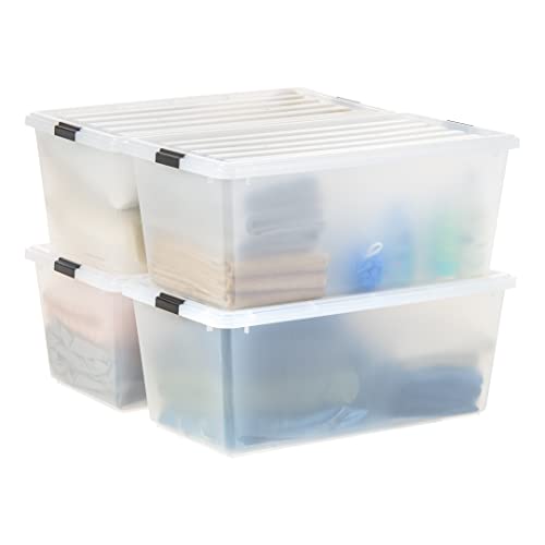 IRIS USA 91 Qt Stackable Plastic Storage Bins with Lids, 4 Pack – BPA-Free, See-Through Organizing Solution, Latches, Durable Nestable Containers, Secure Pull Handle, Made in USA – Clear