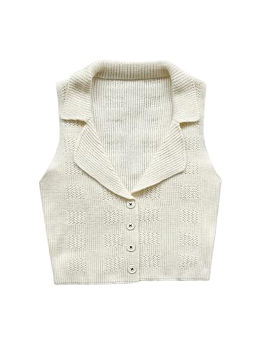 Image of Verdusa Women's Button Down Cropped Sweater Vest Sleeveless Waistcoat Crochet Knit Top Apricot Medium