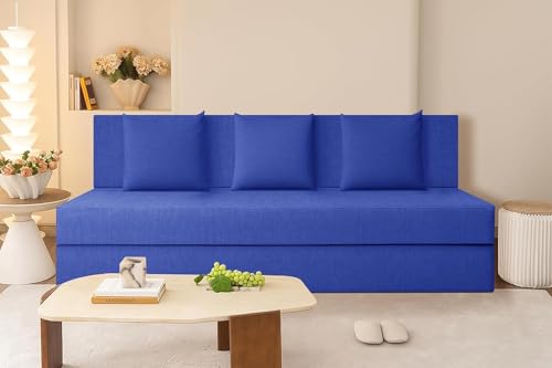 Image of Rosebell Three-Person Jute Sofa Cum Bed | Compact & Lightweight | Removable Washable Cover- Including 3 Cushion | 5x6 Ft Size | Home or Office - Blue Color