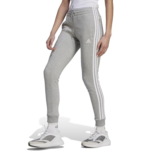 adidas Mujer Essentials 3-Stripes Fleece Pants, Medium Grey Heather/White, L