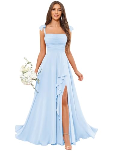 Chiffon Ruffle Bridesmaid Dresses 2025 with Slit Square Neck Bow Straps Long Formal Evening Gown with Pockets