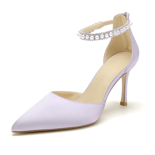 Image of Pointed Toe Pearl Wedding Shoes for Bride White High Heels Satin Bridal Shoes Zipper Back Evening Party Dance Dresses Shoes Pumps for Women