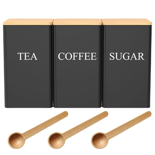 Eidoct Ensemble de boîtes de rangement pour thé, sucre et café 1L Ensemble vintage de boîtes de cuisine en métal de 3 pièces avec couvercle en bambou...