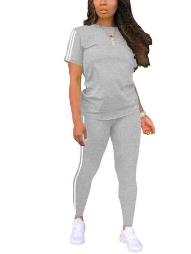 Nimsruc Two Piece Sets For Women Summer Casual Sweatsuits Outfits Matching Lounge Tracksuits Short Sleeve Pants Sets Gray M