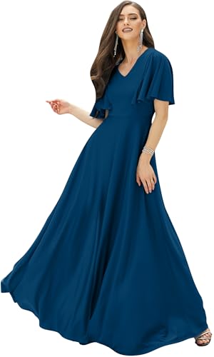 KOH KOH Womens Short Sleeve Ruffle Elegant Modest Dressy Wedding Guest Prom Bridesmaid Cocktail Party Flowy Long Tall Formal Maxi Dress Dresses Gown Gowns, Capri Blue L 12-14