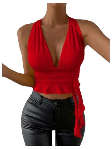 SOLY HUX Women’s Sexy Deep V-Neck Halter Crop Top Summer Beach Vacation Clothes Y2K Trendy Tank Top for Going Out Party