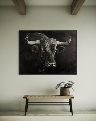 Tableau à l'huile de taureau noir majestueux 50x70 cm avec cadre