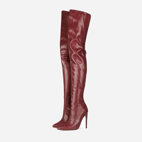 Image of Thigh high boots for women striped Back zipper Burgundy Zebra Print Over the knee Sexy gold white pointed toe Cow Print leopard Magenta stiletto heel