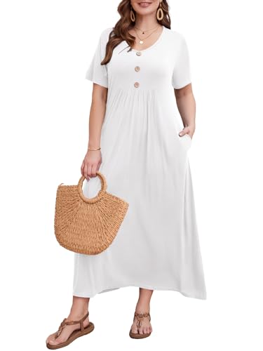 LARACE Womens Plus Size Short Sleeve Dresses Casual V Neck Button Up Pleated Flowy Long Maxi Dress with Pockets L-6XL(White 3X)