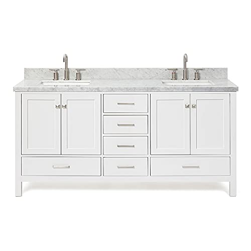ARIEL 73´´ White Double Vanity with 1.5´´ Edge Italian Carrara Marble Countertop & Splash, Rectangular Sinks, 4 Soft Closing Doors, 6 Full Extension Dovetail Drawers, Brushed Nickel